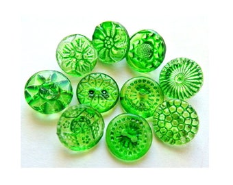 Vintage glass buttons, 10 buttons, hand painted in green, 10 designs 14mm, Czech