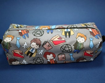 Boxy Makeup Bag- Supernatural Cast Doodle- Pencil Pouch - Dean Winchester, Sam Winchester, and Castiel