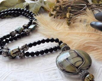Sale......One of a Kind Sterling Silver, Marcasite, Lampwork Glass, Vintage Glass and Swarovski Crystal Necklace