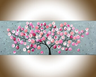 36" Pink grey abstract painting whimsical art nursery art abstract swirl tree painting wall art wall decor Impasto canvas art by qiqi