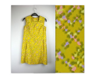 Vintage 60s Mod Dress XS mustard polished cotton abstract print