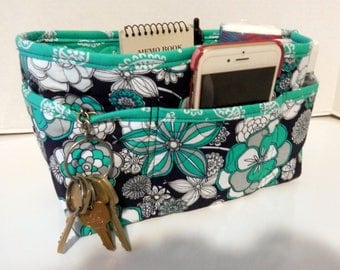 Purse Organizer Insert/Enclosed Bottom 4" Depth/ Navy and Teal