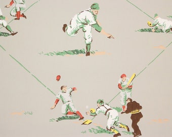 1950s Vintage Wallpaper Baseball Team Players Dugout on Gray by the Yard
