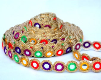 Multi Colored Faux Mirror Trim, Indian Sari Trim, 1 Yard, Rainbow Colored Trim w/ Gold, Home Decor, Hippy, Gypsy, Banjara Style,Kutch Tribe