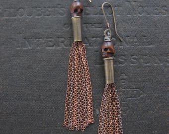 Copper Fringe Bullet Earrings With Bone Skull Beads