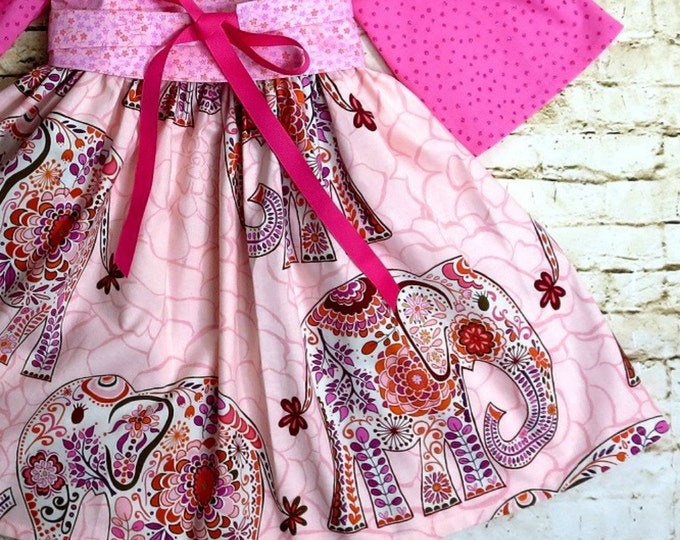 Birthday Gift for Teens - Preteens Dress - Girls - Elephants - Gold Trim - Pink Glitter - Kimono - Full Skirt - Spring - 12 mos to 14 years