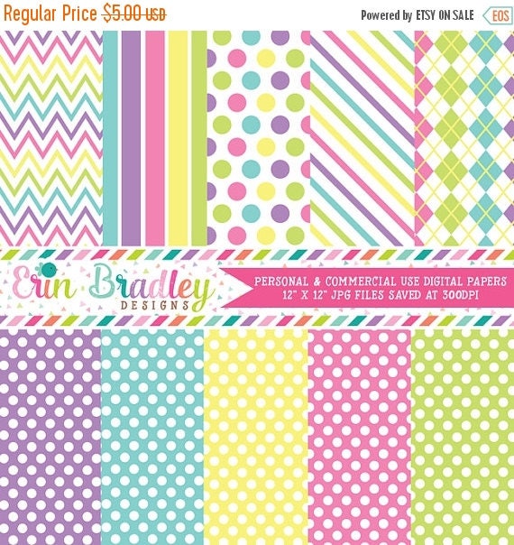 50% OFF SALE Digital Paper Pack Springtime Medley Polka Dots Stripes and Chevron Commercial Use & Instant Download Il_570xn