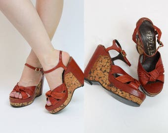 1970s Shoes ElDita's Platforms Size 8.5 / 70s Vintage Cork Wedges / Cherry Red Shoes