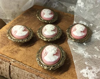 Captivating Set of Five Shell Pink Faux Cameo Button Covers Female Silhouette Antiqued Gold Tone Frames Circa 1980's Victorian Revival