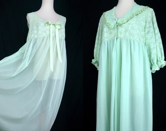 1960s Green Chiffon Pajama Set Nightgown Robe Peignoir Sheer Lace Maxi Negligee Medium