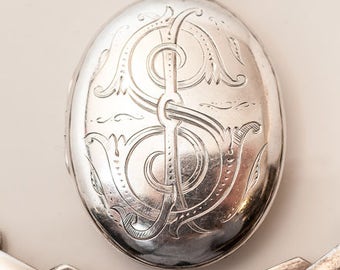 Antique English Chunky Silverplate Monogrammed Locket & Book Chain