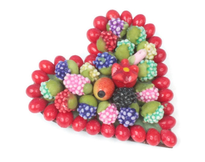 Czech Fruit Salad Heart Shaped Brooch Paper Beads Vintage