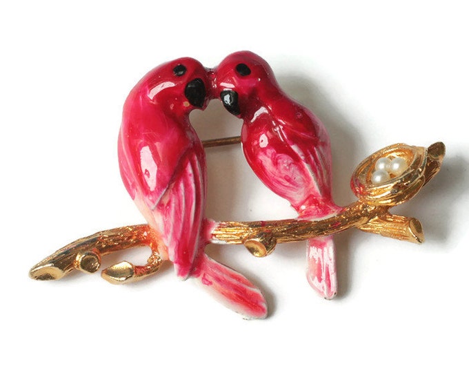 Red Enameled Lovebirds on Branch Brooch Nest with Faux Pearl Eggs Vintage