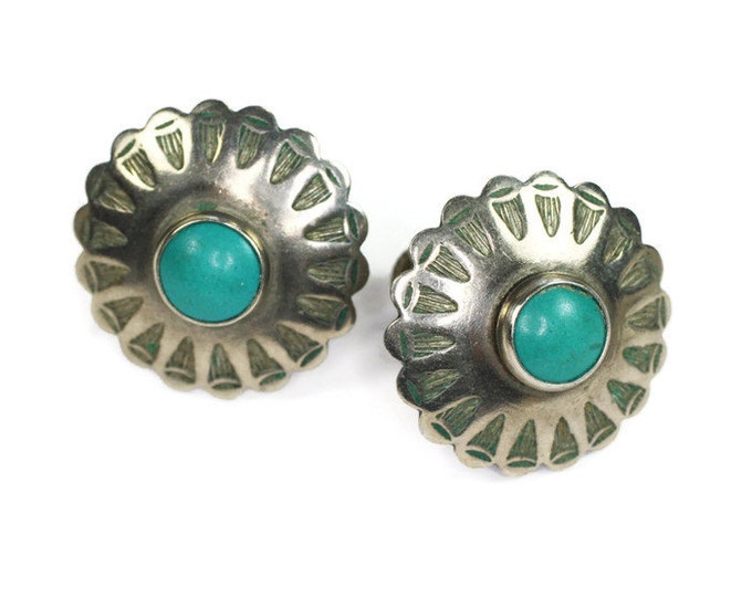 NA Design Turquoise and Sterling Earrings Round Incised Screw Back Vintage