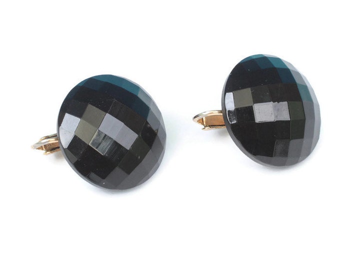 Faceted Black Glass Round Earrings Clip On Vintage Domed