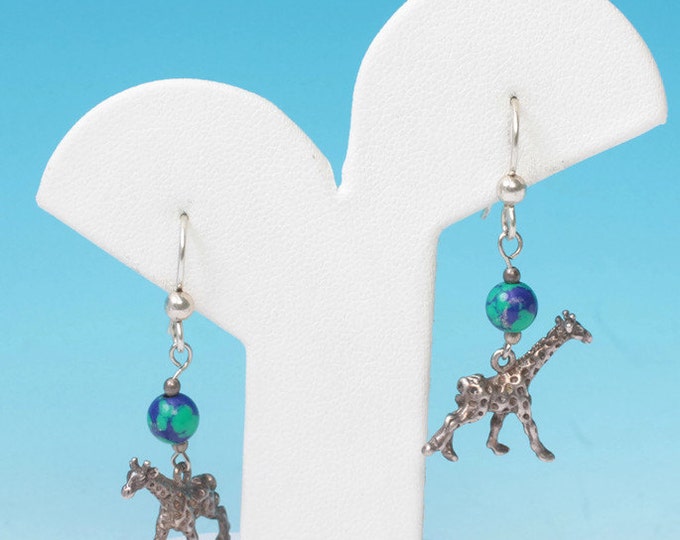 Giraffe Dangle Earrings Green Blue Beads Sterling Azurite Malachite Vintage