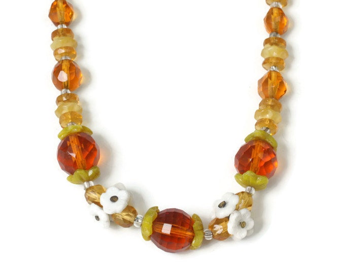 Czech Bohemian Amber Glass Bead Necklace Floral Accents Vintage