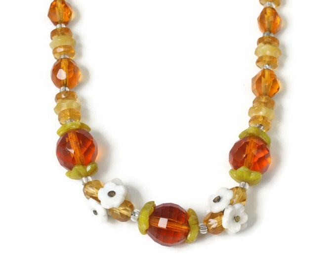 Czech Bohemian Amber Glass Bead Necklace Floral Accents Vintage