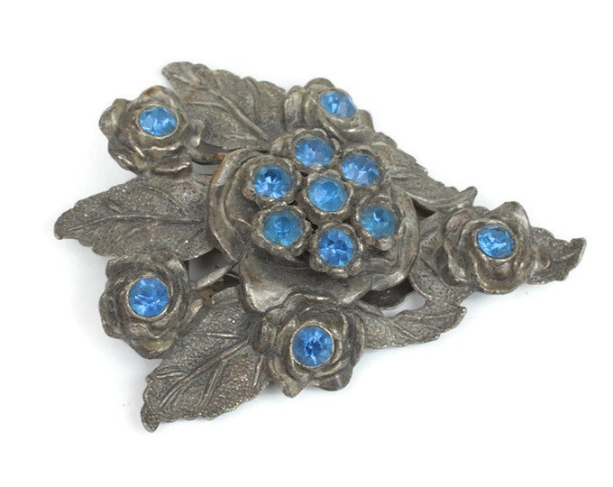 CIJ Sale Little Nemo Dress Clip Sapphire Blue Stones Floral Design Vintage