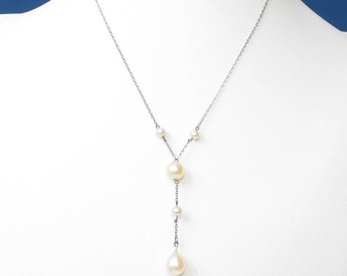 Art Deco Simulated Pearl Y Style Necklace Silver Chain Vintage