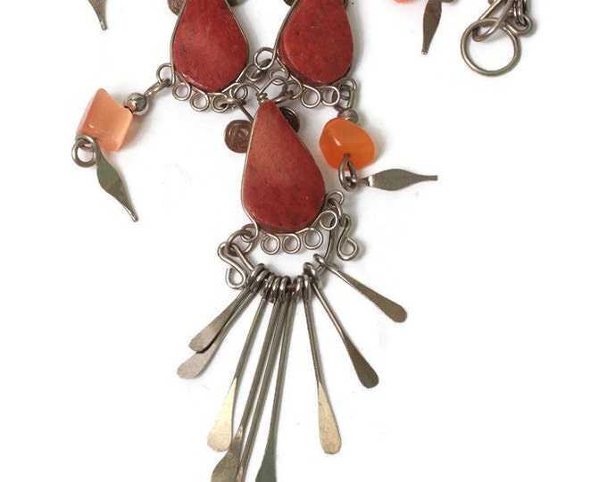 Orange Stone Boho Necklace Earrings Beads Dangles Vintage Tribal Artisan