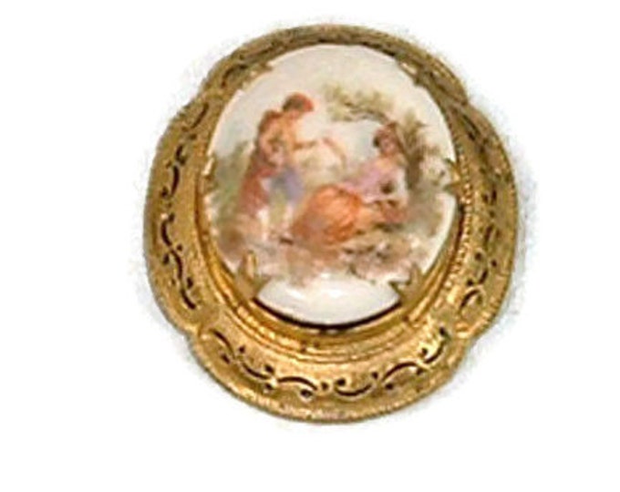 CIJ Sale Romantic Courting Couple Porcelain Brooch Lovers Enameled Frame Vintage