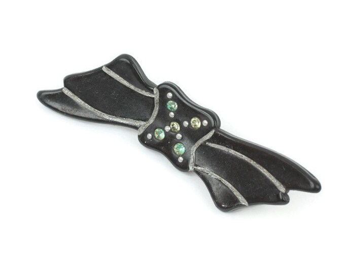 Black Celluloid Bow Pin Etched with Rhinestones Vintage 1930s