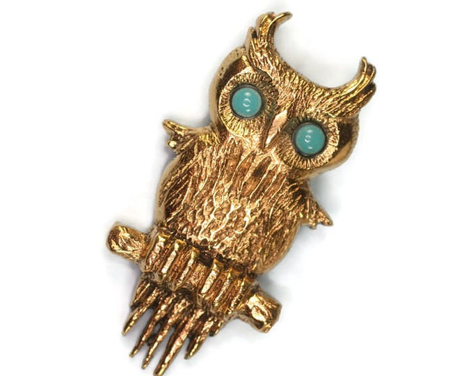 Designer Owl Pin Turquoise Eyes Gold Tone Vintage Figural Bird