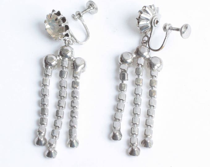 Crystal Rhinestone Dangle Earrings Three Strands Screw Back Vintage