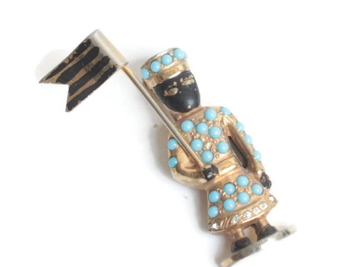 Hattie Carnegie Black Enameled Fur Clip Pin Turquoise Glass Beads Soldier 1940s