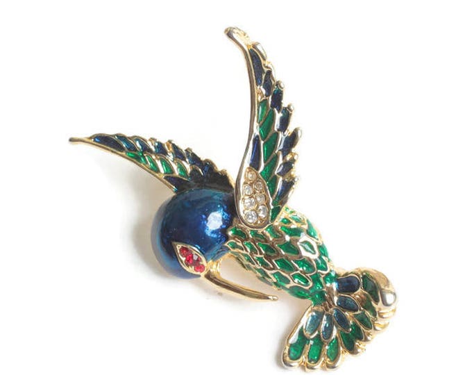 Enameled Rhinestone Hummingbird Brooch Pin Signed Vintage