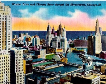 Vintage Chicago Postcard - Wacker Drive and Chicago River through the Skyscrapers (Unused)