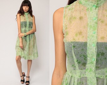 Sheer Dress 60s FLORAL PRINT Pastel Mint Green Party Pin Up Midi High Waist Boho 1960s Vintage Shirtwaist Button Pinup Extra Small xs