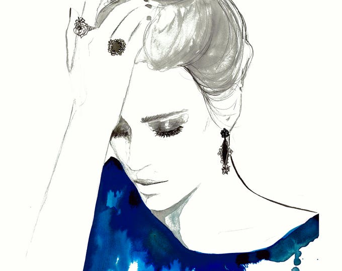 Into the Blue, print from original watercolor and mixed media fashion illustration by Jessica Durrant