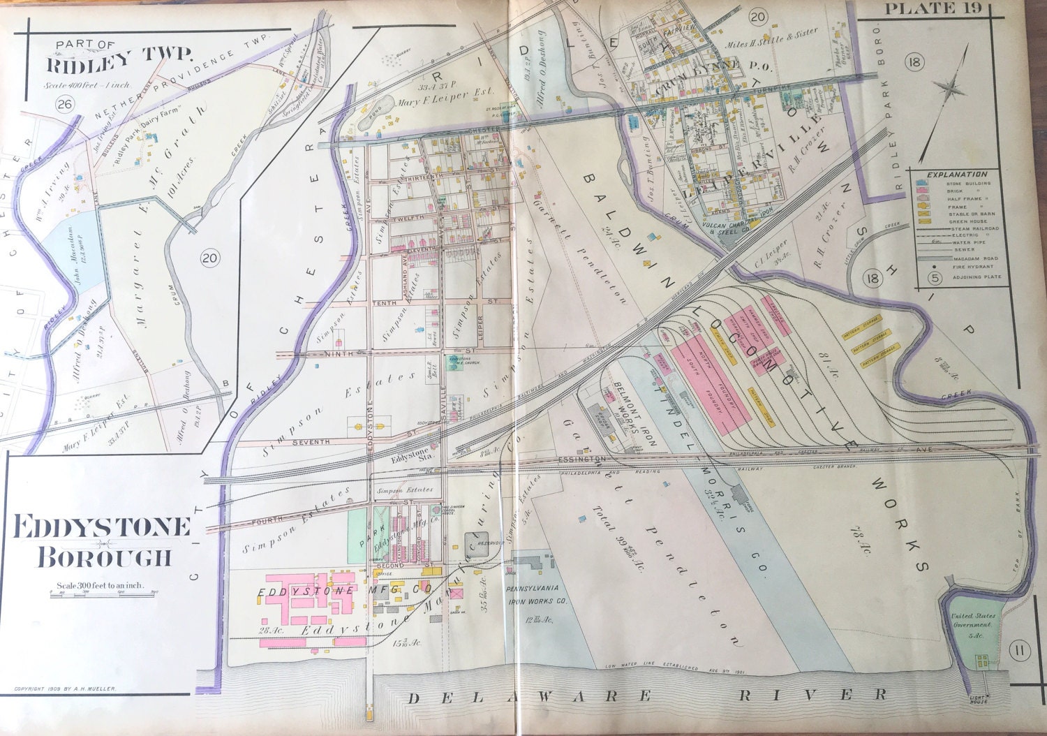 Original 1910 Delaware County Atlas map of Eddystone Borough