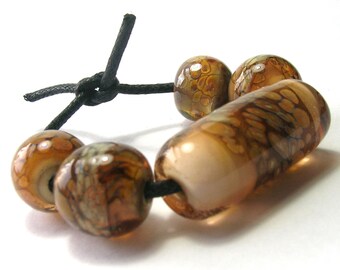 Peach/Brown Handmade Lampwork Bead Set (5 Beads) - Handmade Lampwork Beads
