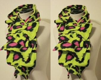 Ruffled Bow Scarf - Fleece neon leopard print lime and hot pink- Made-to-order