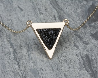 Druzy Black Crystal Necklace, Black Triangle Pendant, Black Drusy Stone Necklace, Geode Necklace, Druzy Agate Necklace, Layering Triangle