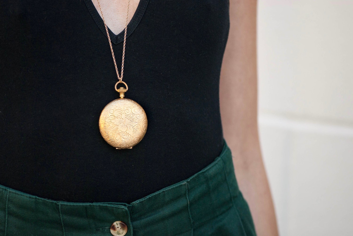 Long Gold Push Button Locket Necklace Paisley Flower by FreshyFig