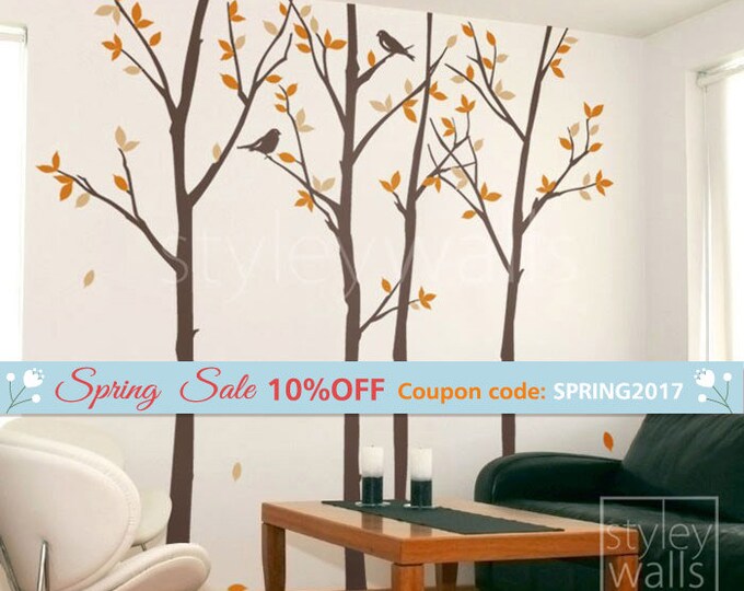 Forest Trees and Birds Wall Decal, Autumn Trees Wall Decal, Trees and Birds Wall Decal, Thin Birch Tress Wall Decal Sticker for Home Decor
