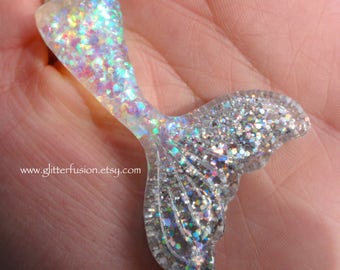 White Opalescent Silver Holographic Resin Mermaid Tail Pendant, Kawaii White Opal Mermaid Necklace, Summer Beach Babe GlitterFusion Necklace