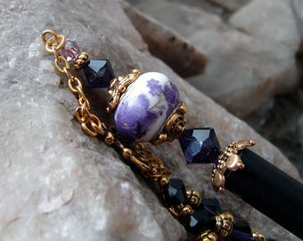 Purple Geisha Style Hair Stick with Purple Velvet Swarovski Crystals Hair Sticks Dangle Hairstick Hair Chopsticks - Harmony