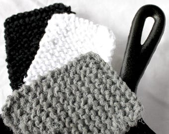 Three kitchen scrubbies yarn and tulle black white gray