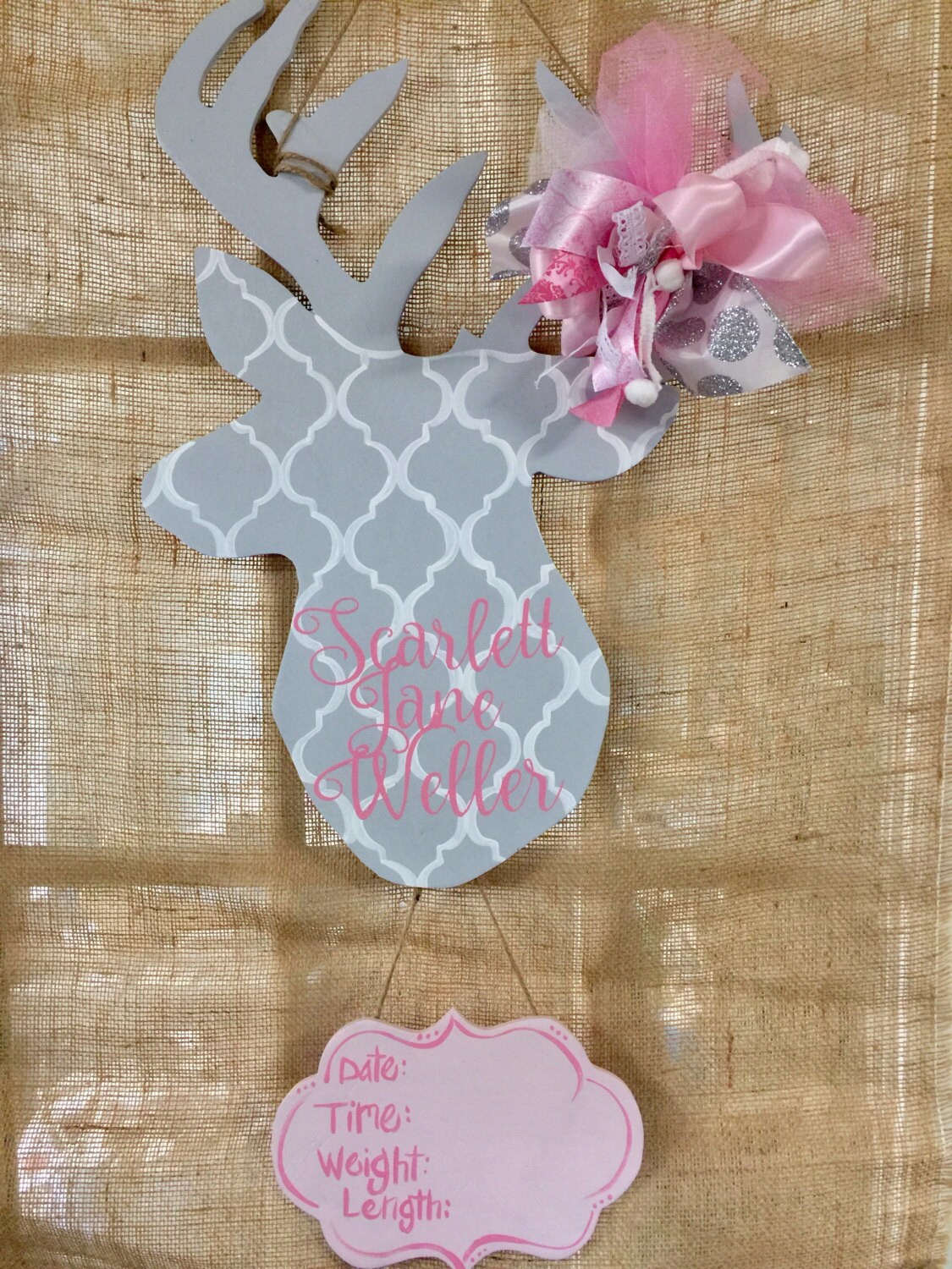 Patterned Deer Buck Baby Hospital Door Hanger Nusery Decor