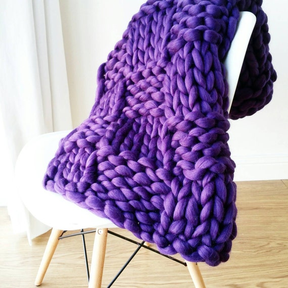 CHUNKY Purple Arm Knit Blanket Luxury Bed runner Chunky Knit