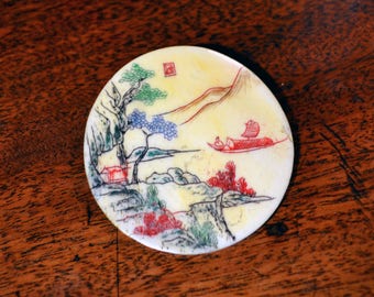 Oriental bone brooch/ vintage pictorial brooch signed/carved hand painted bone plaque/ Chinese/Japanese brooch/antique landscape brooch boat
