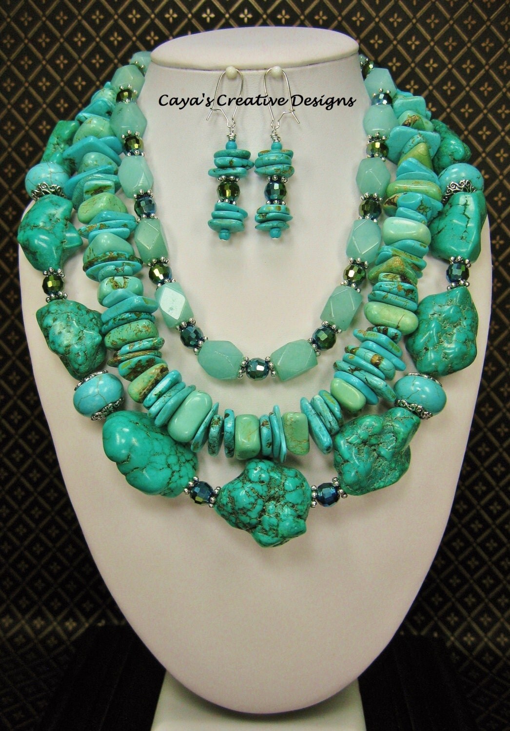 Western Chunky Cowgirl Necklace Set Howlite Turquoise Triple 3044