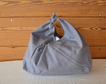 handmade gray bento bag / cotton simple japanese grocery bag or purse