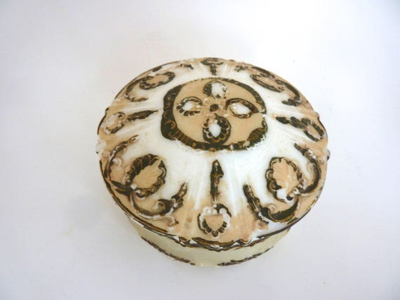 Antique Milk Glass Vanity Jar Dithridge Early American Pressed Glass Gold Paint Fancy White Glass Powder Jar Antique Glass Collectible