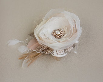 Bridal headpiece, Rose Gold Wedding hair piece, Wedding hair flower, Wedding hair clip, Champagne flower headpiece